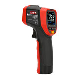 UNI-T UT301C+ Infrared Thermometer – Non-Contact, −32°C to 600°C, 12:1 D:S, Adjustable Emissivity, ±1.5°C, Ring Laser, 99-Group Memory, Date/Time, Colour EBTN Display - a black and red pistol-grip device showing a digital EBTN display reading 22.3°C with control buttons below.