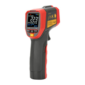 UNI-T UT301C+ Infrared Thermometer – Non-Contact, −32°C to 600°C, 12:1 D:S, Adjustable Emissivity, ±1.5°C, Ring Laser, 99-Group Memory, Date/Time, Colour EBTN Display - and black handheld device with a digital display reading 22.3°C, control buttons, and a yellow trigger.