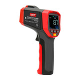 UNI-T UT303A+ Infrared Thermometer – Non-Contact, −32°C to 800°C, 30:1 D:S, Adjustable Emissivity, ±1.5°C, Laser Targeting, Backlit Display - and black, showing the side profile, trigger, buttons, and a digital display reading 13.7°C.