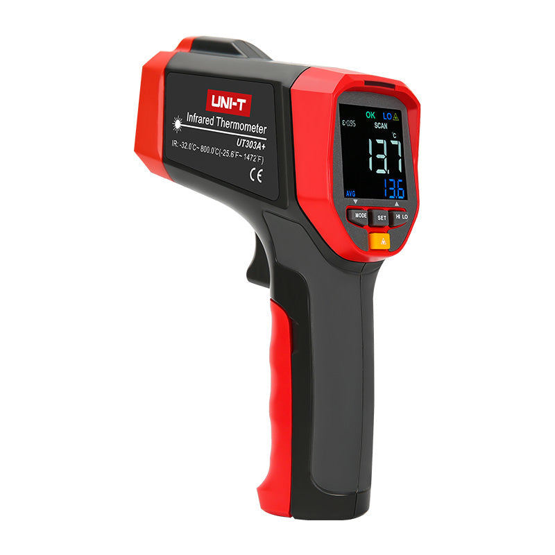 UNI-T UT303A+ Infrared Thermometer – Non-Contact, −32°C to 800°C, 30:1 D:S, Adjustable Emissivity, ±1.5°C, Laser Targeting, Backlit Display - and black, showing the side profile, trigger, buttons, and a digital display reading 13.7°C.
