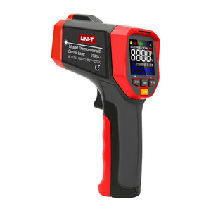 UNI-T UT303C+ Infrared Thermometer – Non-Contact, −32°C to 1300°C, 30:1 D:S, Adjustable Emissivity, ±1.5°C, Ring Laser, 99-Group Memory, Colour Display - and black handheld non-contact device with a digital display, trigger, and control buttons on the side panel.
