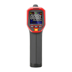 UNI-T UT303C+ Infrared Thermometer – Non-Contact, −32°C to 1300°C, 30:1 D:S, Adjustable Emissivity, ±1.5°C, Ring Laser, 99-Group Memory, Colour Display - and grey, showing a digital display with icons, a trigger handle, and four buttons labeled MODE, SET, HI LO, LOG.