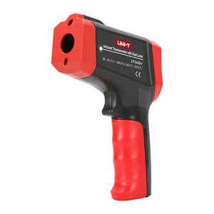 UNI-T UT303C+ Infrared Thermometer – Non-Contact, −32°C to 1300°C, 30:1 D:S, Adjustable Emissivity, ±1.5°C, Ring Laser, 99-Group Memory, Colour Display - and black handheld non-contact temperature gun with a trigger, laser aperture, and side label.