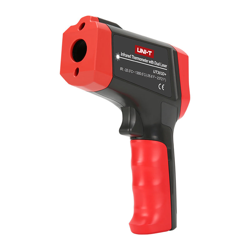 UNI-T UT303C+ Infrared Thermometer – Non-Contact, −32°C to 1300°C, 30:1 D:S, Adjustable Emissivity, ±1.5°C, Ring Laser, 99-Group Memory, Colour Display - and black handheld non-contact temperature gun with a trigger, laser aperture, and side label.