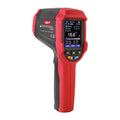 UNI-T UT305C+ Professional Infrared Thermometer – Non-Contact −50°C to 2200°C, 55:1 D:S, Adjustable Emissivity, 2.4" TFT Colour Display, K-Thermocouple, Dew Point, 999-Group Memory, USB-C - and black, showing its handle, trigger, control buttons, and a TFT screen displaying 15.6°C.