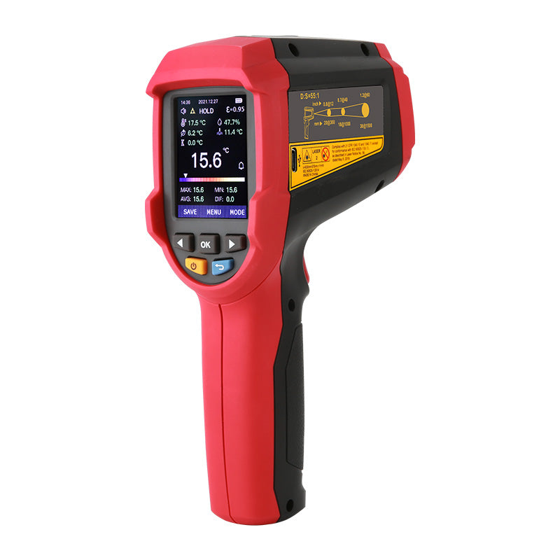 UNI-T UT305C+ Professional Infrared Thermometer – Non-Contact −50°C to 2200°C, 55:1 D:S, Adjustable Emissivity, 2.4" TFT Colour Display, K-Thermocouple, Dew Point, 999-Group Memory, USB-C - and black, showing a digital screen with temperature readings, control buttons, and a side USB-C port.