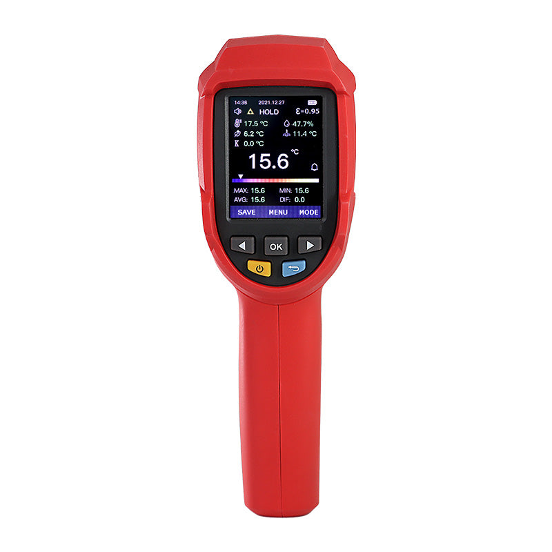 UNI-T UT305C+ Professional Infrared Thermometer – Non-Contact −50°C to 2200°C, 55:1 D:S, Adjustable Emissivity, 2.4" TFT Colour Display, K-Thermocouple, Dew Point, 999-Group Memory, USB-C - handheld device with a 2.4-inch color display, navigation buttons, and a power button on a white background.