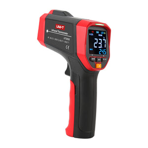 UNI-T UT305S Professional Infrared Thermometer – Non-Contact −50°C to 2000°C, 50:1 D:S, Adjustable Emissivity, EBTN Display, MAX/MIN/AVG/DIFF, High/Low Alarm, Tripod Mount - and black gun-style device with a digital display showing 23.7°C and 24.5, buttons, and a trigger handle.
