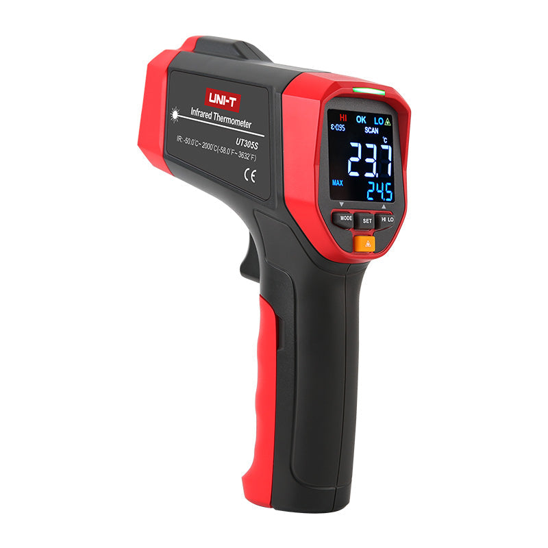 UNI-T UT305S Professional Infrared Thermometer – Non-Contact −50°C to 2000°C, 50:1 D:S, Adjustable Emissivity, EBTN Display, MAX/MIN/AVG/DIFF, High/Low Alarm, Tripod Mount - and black gun-style device with a digital display showing 23.7°C and 24.5, buttons, and a trigger handle.