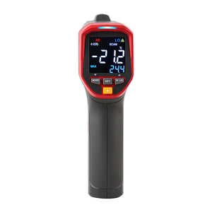 UNI-T UT305S Professional Infrared Thermometer – Non-Contact −50°C to 2000°C, 50:1 D:S, Adjustable Emissivity, EBTN Display, MAX/MIN/AVG/DIFF, High/Low Alarm, Tripod Mount - and black handheld device with a digital display showing -21.2°C and 24.4, with visible mode and set buttons.