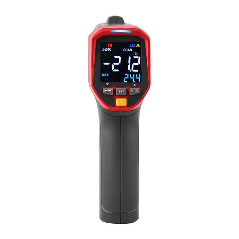 UNI-T UT305S Professional Infrared Thermometer – Non-Contact −50°C to 2000°C, 50:1 D:S, Adjustable Emissivity, EBTN Display, MAX/MIN/AVG/DIFF, High/Low Alarm, Tripod Mount - and black handheld device with a digital display showing -21.2°C and 24.4, with visible mode and set buttons.