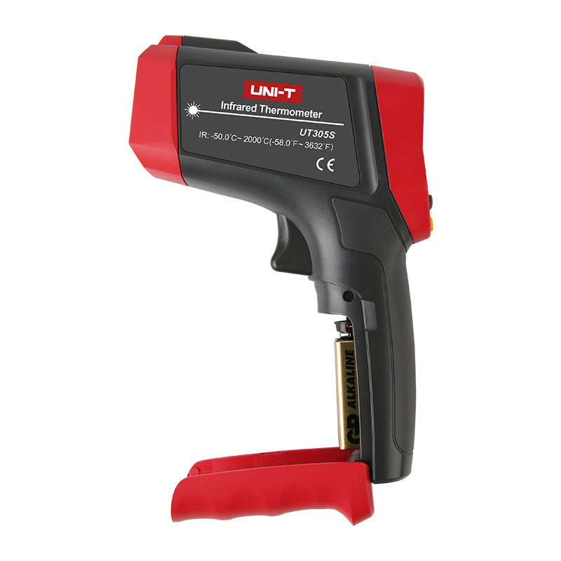 UNI-T UT305S Professional Infrared Thermometer – Non-Contact −50°C to 2000°C, 50:1 D:S, Adjustable Emissivity, EBTN Display, MAX/MIN/AVG/DIFF, High/Low Alarm, Tripod Mount - black and red, shown from the side with its battery compartment open and an alkaline battery inserted.