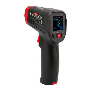 UNI-T UT306C Infrared Thermometer – Non-Contact, −50°C to 500°C, 12:1 D:S, Adjustable Emissivity, Ring Laser, EBTN Colour Display, Backlight - a black and red handheld device with a digital display showing 18.4°C, control buttons, and a trigger handle.