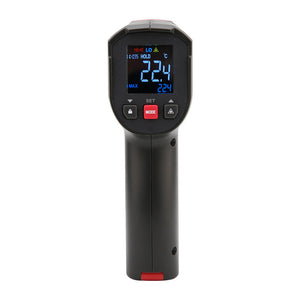 UNI-T UT306C Infrared Thermometer – Non-Contact, −50°C to 500°C, 12:1 D:S, Adjustable Emissivity, Ring Laser, EBTN Colour Display, Backlight - a black handheld device with a digital display showing 22.4, control buttons, and a red trigger at the base.