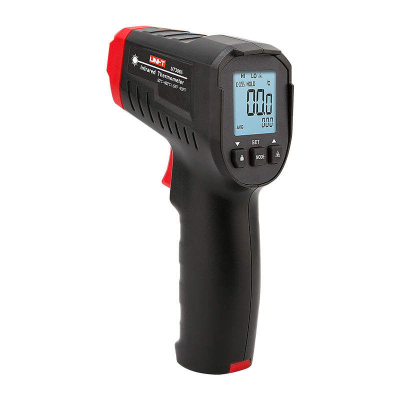 UNI-T UT306S Infrared Thermometer – Non-Contact, −50°C to 500°C, 12:1 D:S, Adjustable Emissivity, Single Laser, Backlit LCD, One-Hand Operation - a black and red handheld device with a trigger, a backlit LCD showing 00.0, and navigation buttons on the handle.