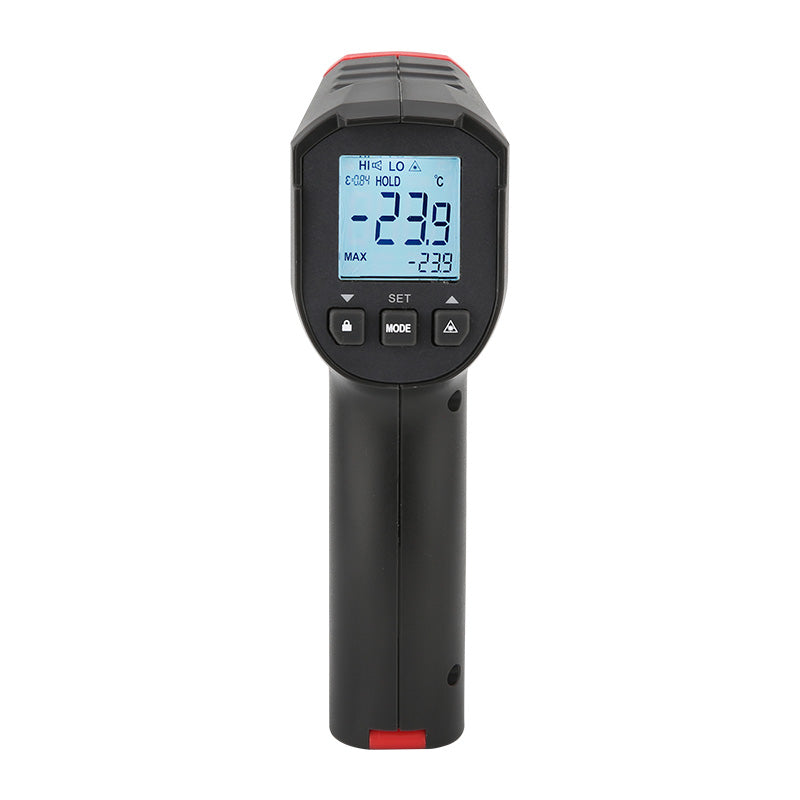 UNI-T UT306S Infrared Thermometer – Non-Contact, −50°C to 500°C, 12:1 D:S, Adjustable Emissivity, Single Laser, Backlit LCD, One-Hand Operation - a black handheld device with a backlit LCD screen displaying -23.9, control buttons, and a red base accent.