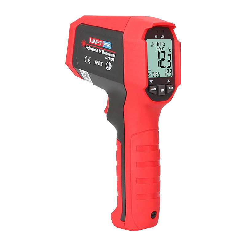 UNI-T UT309A Professional Infrared Thermometer – Non-Contact −35°C to 450°C, 10:1 D:S, IP65 Waterproof, 3m Drop-Proof, Single Laser, Backlit Display - and black pistol-grip device with a digital display showing 12.3°C, mode buttons, and a laser indicator.