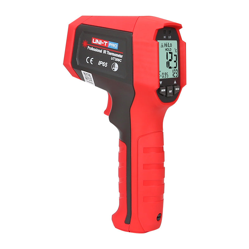 UNI-T UT309C Professional Infrared Thermometer – Non-Contact −35°C to 650°C, 12:1 D:S, Adjustable Emissivity, IP65 Waterproof, 3m Drop-Proof, Dual Laser, Backlit Display - and black handheld device with a digital display showing 12.3 and buttons for mode, set, and hold.