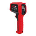UNI-T UT309E Professional Infrared Thermometer – Non-Contact −35°C to 850°C, 20:1 D:S, Adjustable Emissivity, IP65 Waterproof, 3m Drop-Proof, Dual Laser, Backlit Display - pistol-grip device with a digital display, control buttons, and a black side panel.