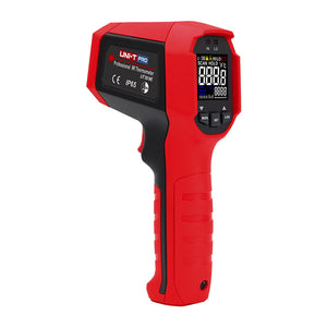 UNI-T UT309E Professional Infrared Thermometer – Non-Contact −35°C to 850°C, 20:1 D:S, Adjustable Emissivity, IP65 Waterproof, 3m Drop-Proof, Dual Laser, Backlit Display - pistol-grip device with a digital display, control buttons, and a black side panel.