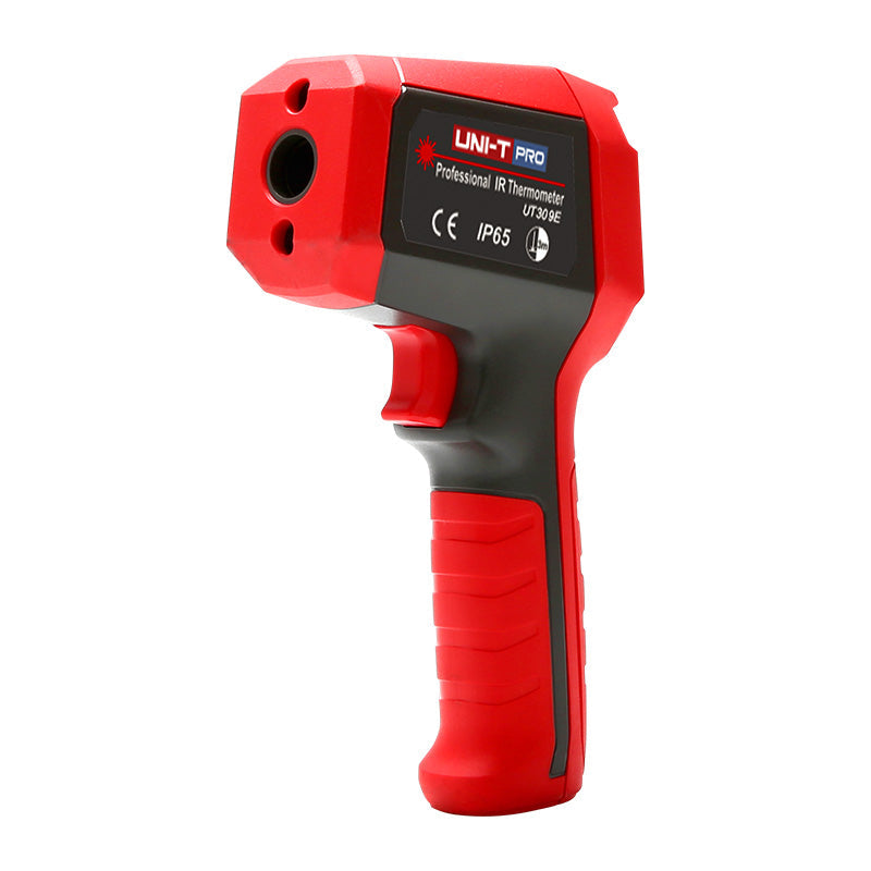 UNI-T UT309E Professional Infrared Thermometer – Non-Contact −35°C to 850°C, 20:1 D:S, Adjustable Emissivity, IP65 Waterproof, 3m Drop-Proof, Dual Laser, Backlit Display - and black pistol-grip non-contact thermometer with a trigger button and a side label.