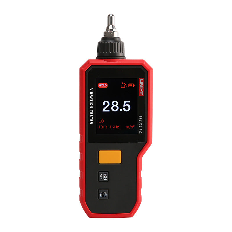 UNI-T UT311A Digital Vibration Tester – Acceleration, Velocity & Displacement, 10Hz–15kHz, 2.4" Rotatable TFT Colour Display, USB-C Rechargeable, Compact Handheld - red and black device with a top probe, central display showing 28.5, and three front control buttons.