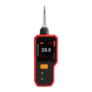 UNI-T UT311A Digital Vibration Tester – Acceleration, Velocity & Displacement, 10Hz–15kHz, 2.4" Rotatable TFT Colour Display, USB-C Rechargeable, Compact Handheld - a red and black handheld device with a pointed metal probe, a digital screen displaying 28.5, and three buttons.