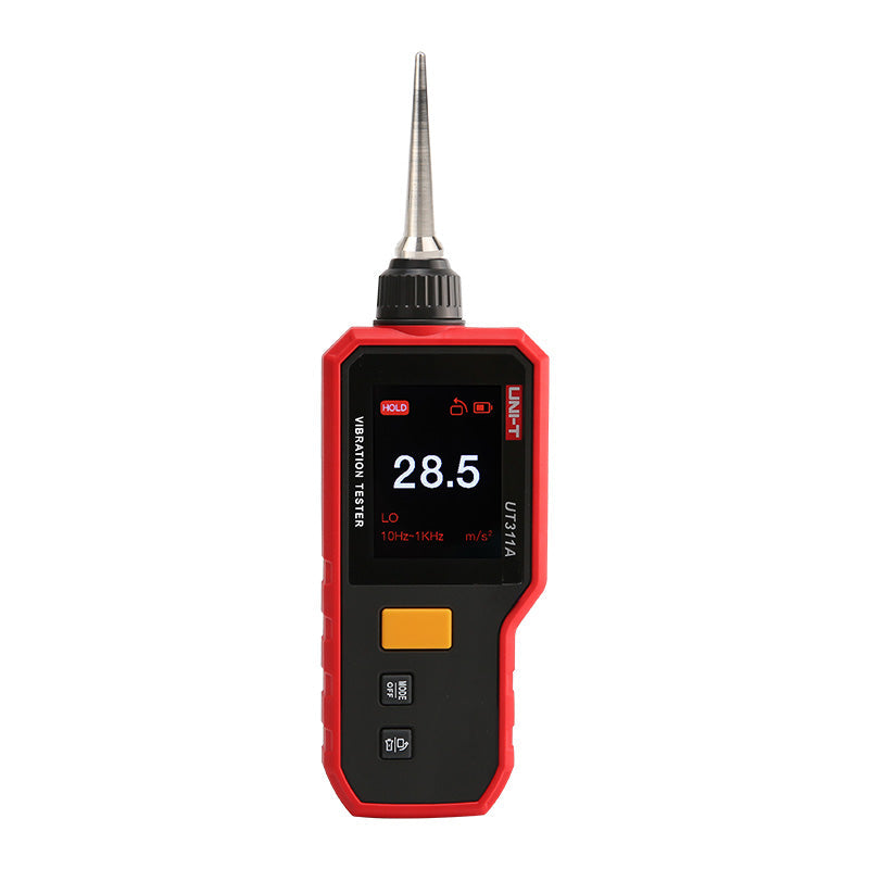 UNI-T UT311A Digital Vibration Tester – Acceleration, Velocity & Displacement, 10Hz–15kHz, 2.4" Rotatable TFT Colour Display, USB-C Rechargeable, Compact Handheld - a red and black handheld device with a pointed metal probe, a digital screen displaying 28.5, and three buttons.