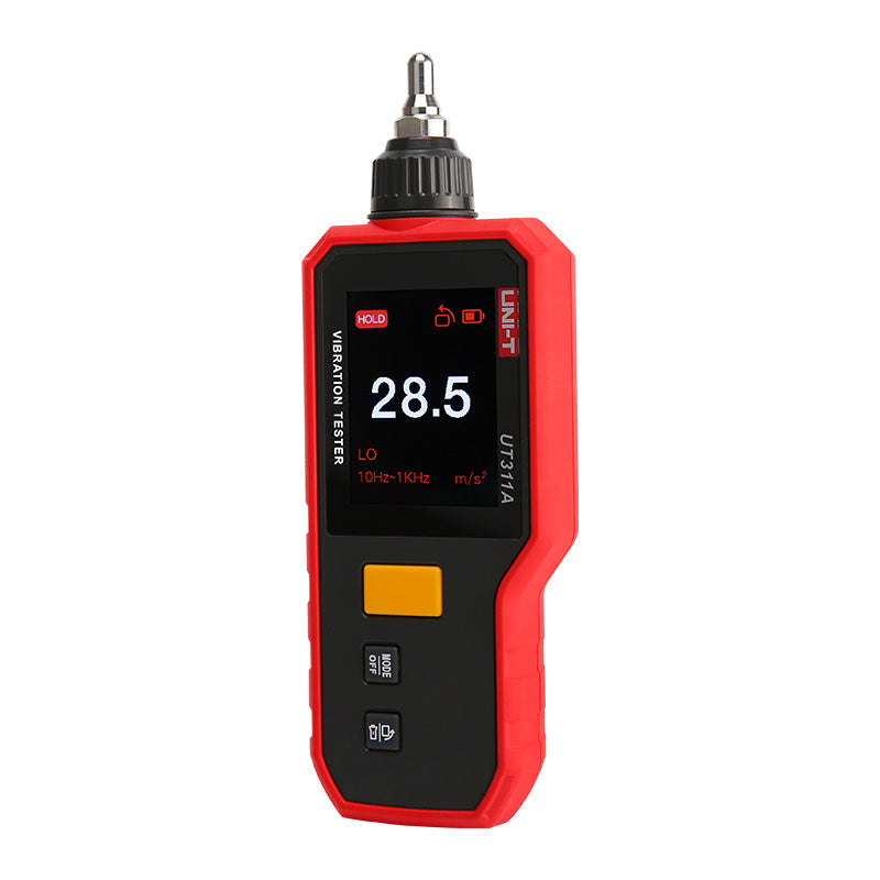 UNI-T UT311A Digital Vibration Tester – Acceleration, Velocity & Displacement, 10Hz–15kHz, 2.4" Rotatable TFT Colour Display, USB-C Rechargeable, Compact Handheld - a red handheld device with a screen showing 28.5, LO, and 10Hz-1KHz, featuring a top probe and three front buttons.