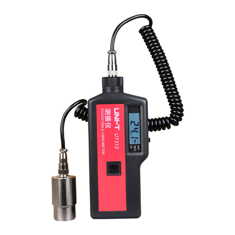 UNI-T UT312 Digital Vibration Tester – Acceleration, Velocity & Displacement, 10Hz–1.5kHz, 2000 Count, Data Hold, for Rotating Machinery Condition Monitoring - a black handheld device with a red faceplate, a digital display reading 24.1, and a connected sensor probe.