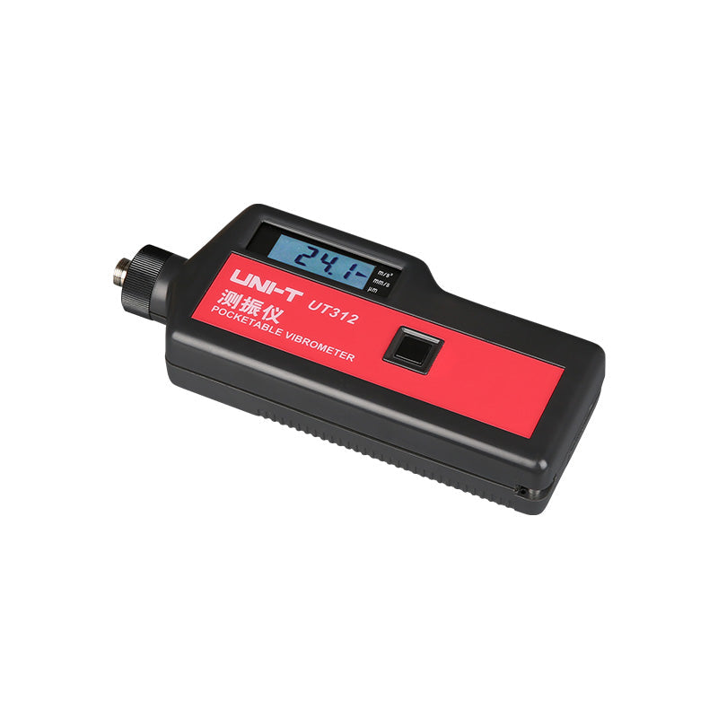 UNI-T UT312 Digital Vibration Tester – Acceleration, Velocity & Displacement, 10Hz–1.5kHz, 2000 Count, Data Hold, for Rotating Machinery Condition Monitoring - a black and red handheld device with a digital display showing 24.1, a front button, and a top connector port.