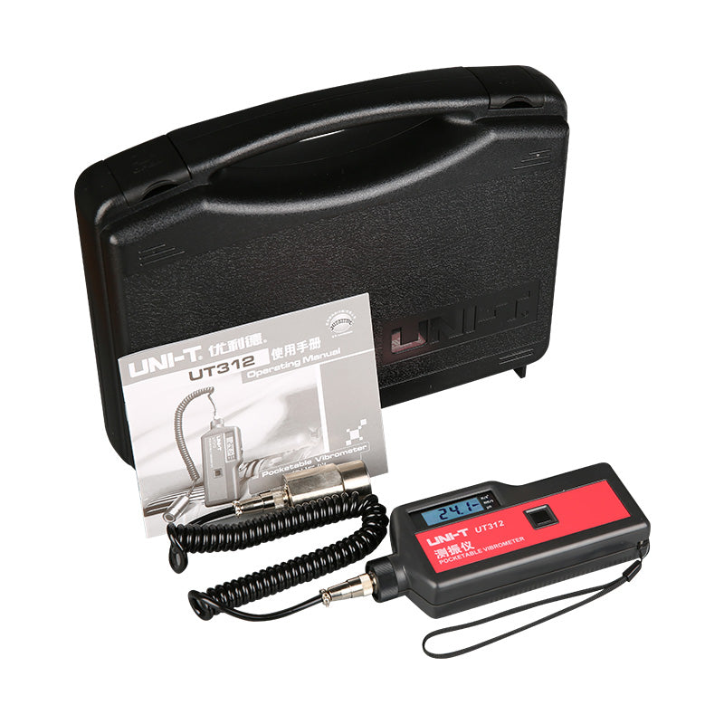 UNI-T UT312 Digital Vibration Tester – Acceleration, Velocity & Displacement, 10Hz–1.5kHz, 2000 Count, Data Hold, for Rotating Machinery Condition Monitoring - with a black carrying case, operating manual, and a handheld unit with a coiled cable, screen showing 24.1, and wrist strap.