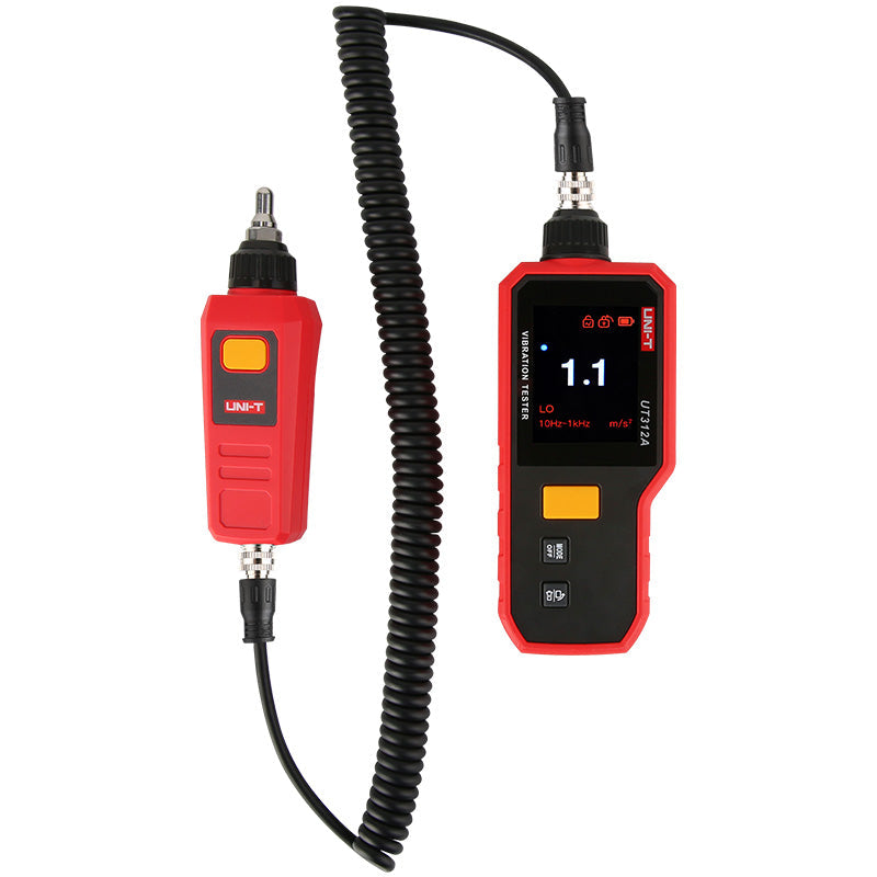 UNI-T UT312A Digital Vibration Tester with Magnetic Base – Acceleration, Velocity & Displacement, 10Hz–15kHz, 2.4" Rotatable TFT Colour Display, USB-C Rechargeable - a red handheld unit with a TFT display reading 1.1, connected via a coiled cable to a red sensor probe.