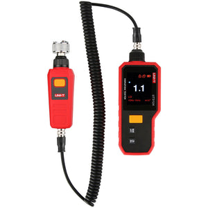 UNI-T UT312A Digital Vibration Tester with Magnetic Base – Acceleration, Velocity & Displacement, 10Hz–15kHz, 2.4" Rotatable TFT Colour Display, USB-C Rechargeable - a red handheld unit with a screen displaying 1.1, connected by a coiled cable to a red sensor probe.