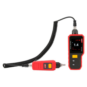 UNI-T UT312A Digital Vibration Tester with Magnetic Base – Acceleration, Velocity & Displacement, 10Hz–15kHz, 2.4" Rotatable TFT Colour Display, USB-C Rechargeable - the red handheld unit with a 2.4" display reading 1.4, connected by a coiled cable to a red sensor probe.