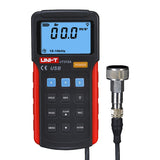 UNI-T UT315A Digital Vibration Tester with Data Logging – Acceleration, Velocity & Displacement, 10Hz–10kHz, USB PC Software, 2000 Count, for Machinery Monitoring - black and red handheld unit featuring a blue LCD screen reading 00.0 m/s², keypad, and a wired sensor probe.
