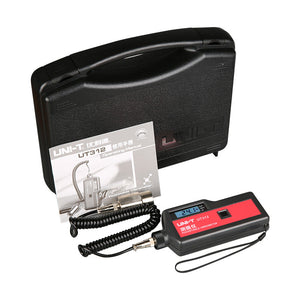 UNI-T UT315A Digital Vibration Tester with Data Logging – Acceleration, Velocity & Displacement, 10Hz–10kHz, USB PC Software, 2000 Count, for Machinery Monitoring - UNI-T UT312 vibrometer with a black handheld unit, coiled cable, metal probe, manual, and black carrying case; the screen displays 24.1.