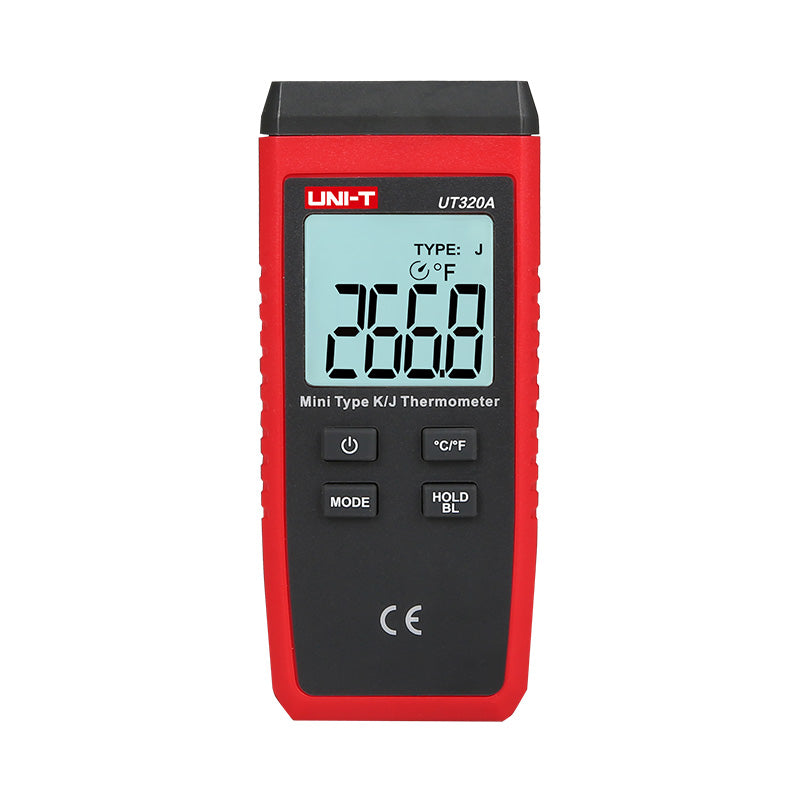 UNI-T UT320A Mini Contact Thermometer – K/J Thermocouple, −50°C to 1300°C, Single Channel, ±(0.5%+1), MAX/MIN/AVG, Data Hold, Backlit, 1m Drop-Proof - a digital display reading 266.8, power, mode, unit, and hold buttons on the front.