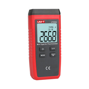 UNI-T UT320A Mini Contact Thermometer – K/J Thermocouple, −50°C to 1300°C, Single Channel, ±(0.5%+1), MAX/MIN/AVG, Data Hold, Backlit, 1m Drop-Proof - a red handheld device with a digital screen showing 266.8, four control buttons, and a black top section.