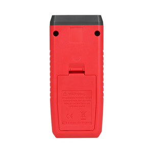 UNI-T UT320A Mini Contact Thermometer – K/J Thermocouple, −50°C to 1300°C, Single Channel, ±(0.5%+1), MAX/MIN/AVG, Data Hold, Backlit, 1m Drop-Proof - rear view showing the red plastic casing, battery compartment cover, and warning label text.