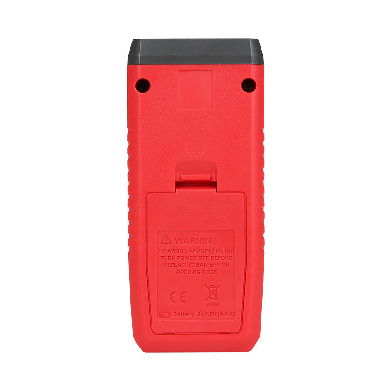 UNI-T UT320A Mini Contact Thermometer – K/J Thermocouple, −50°C to 1300°C, Single Channel, ±(0.5%+1), MAX/MIN/AVG, Data Hold, Backlit, 1m Drop-Proof - rear view showing the red plastic casing, battery compartment cover, and warning label text.