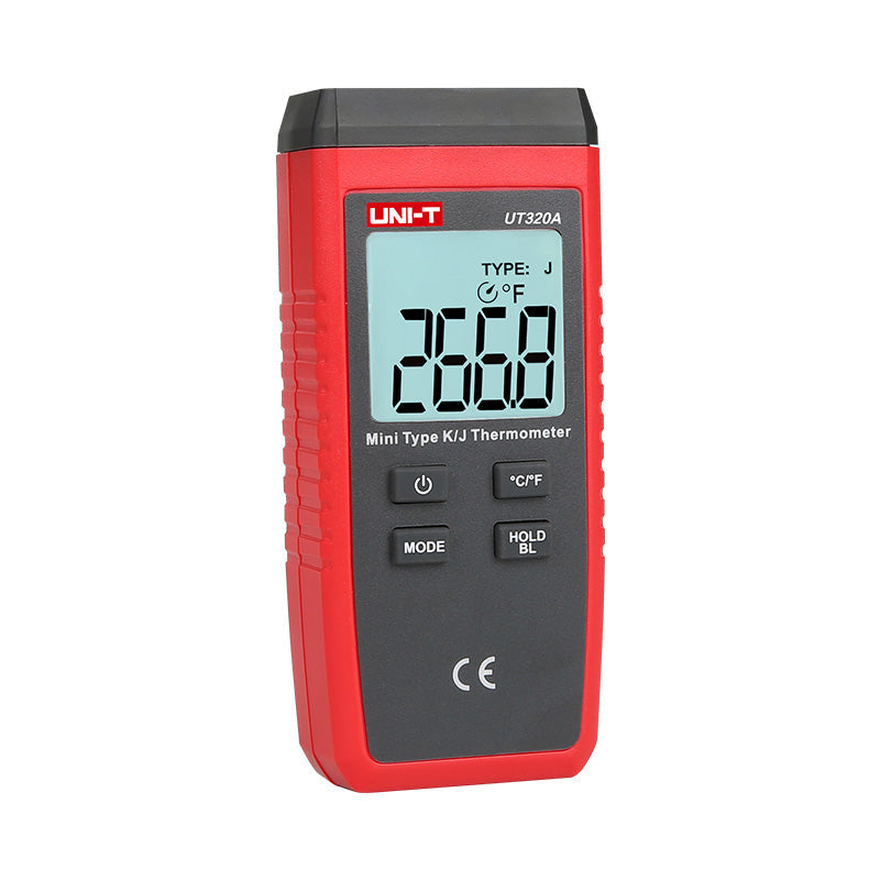 UNI-T UT320D Dual-Channel Mini Contact Thermometer – K/J Thermocouple, −50°C to 1300°C, T1/T2/T1-T2 Differential, MAX/MIN/AVG, Data Hold, Backlit, 1m Drop-Proof - a red handheld device with a digital display showing 266.8, four control buttons, and a black top section.