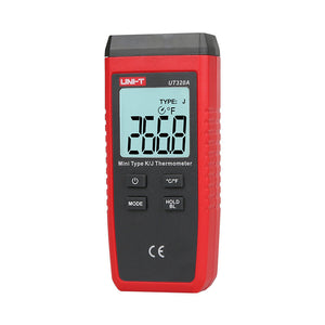 UNI-T UT320D Dual-Channel Mini Contact Thermometer – K/J Thermocouple, −50°C to 1300°C, T1/T2/T1-T2 Differential, MAX/MIN/AVG, Data Hold, Backlit, 1m Drop-Proof - a red handheld device with a black control panel, showing 266.8 on its digital display and TYPE: J.