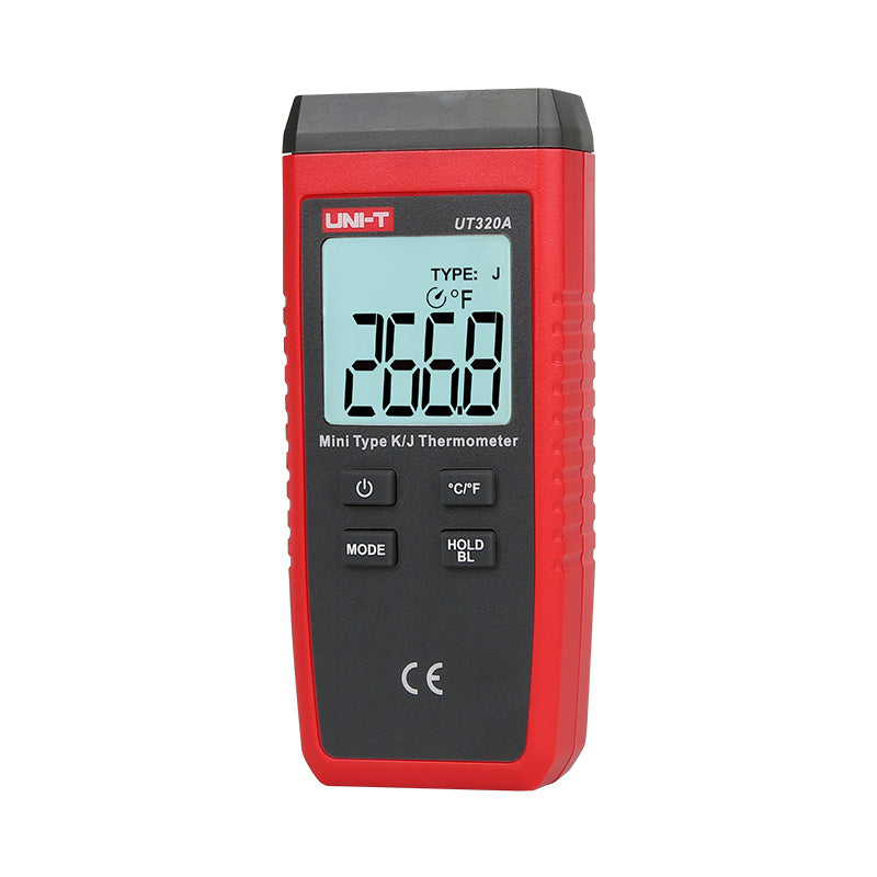 UNI-T UT320D Dual-Channel Mini Contact Thermometer – K/J Thermocouple, −50°C to 1300°C, T1/T2/T1-T2 Differential, MAX/MIN/AVG, Data Hold, Backlit, 1m Drop-Proof - a red handheld device with a black control panel, showing 266.8 on its digital display and TYPE: J.