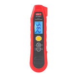 UNI-T UT320T 2-in-1 Infrared & Probe Thermometer – Non-Contact IR -40~300°C, K-Type Contact Probe, D:S 8:1, Adjustable Emissivity - handheld device with a digital display reading 29.5°C, a yellow button, and control buttons below.