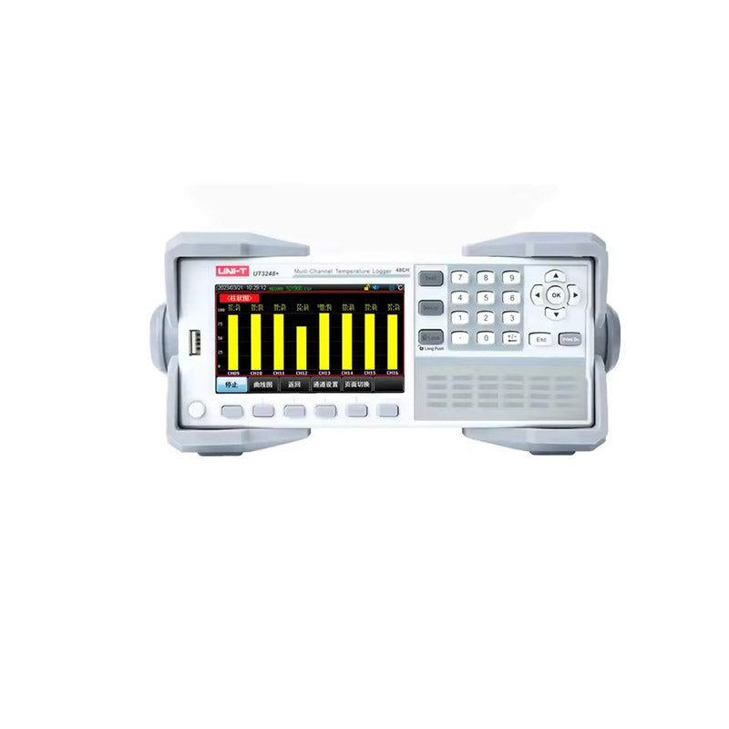 UNI-T UT3248+ Multi-Channel Temperature Recorder – 48 Channels, −200 to 1800°C, J/K/T/E/S/N/B/R Thermocouple, 4.3" LCD, USB / RS-232 / LAN Data Logger - a grey benchtop device with a 4.3-inch LCD screen showing bar graphs, keypad, and navigation buttons.