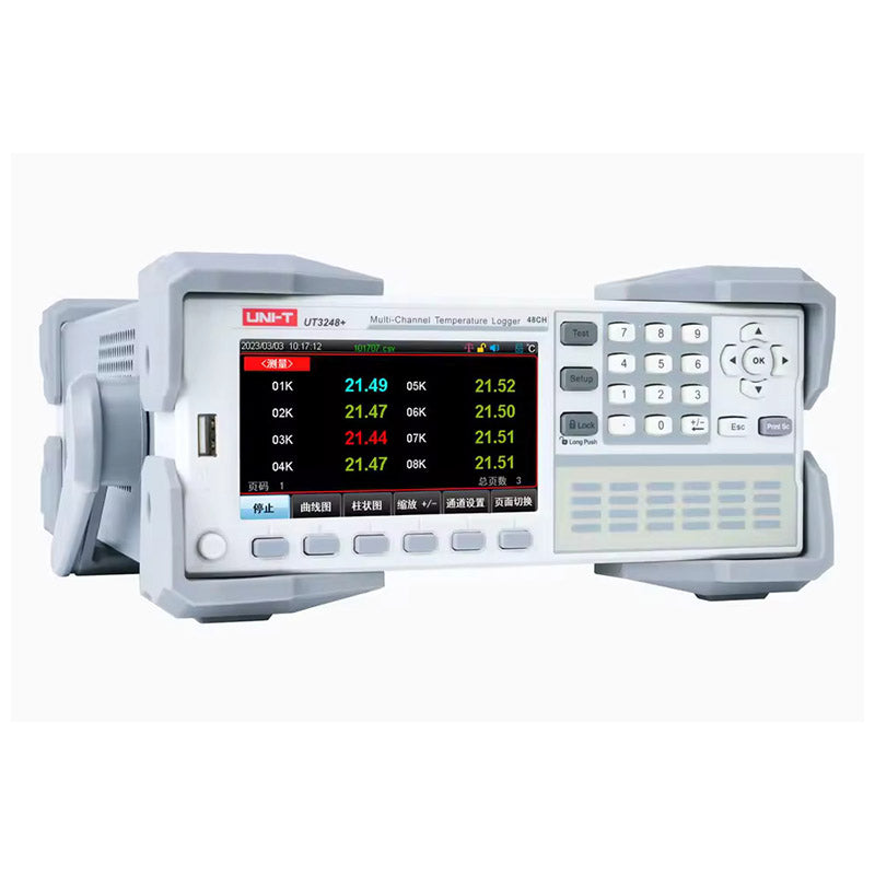 UNI-T UT3248+ Multi-Channel Temperature Recorder – 48 Channels, −200 to 1800°C, J/K/T/E/S/N/B/R Thermocouple, 4.3" LCD, USB / RS-232 / LAN Data Logger - a grey benchtop device with a 4.3-inch screen showing temperature readings, keypad, and USB port.