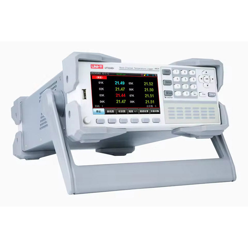 UNI-T UT3248+ Multi-Channel Temperature Recorder – 48 Channels, −200 to 1800°C, J/K/T/E/S/N/B/R Thermocouple, 4.3" LCD, USB / RS-232 / LAN Data Logger - with a 4.3" LCD screen displaying temperature readings, keypad, and USB port.