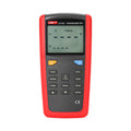 UNI-T UT325 Dual-Input Thermocouple Thermometer – K/J/T/E/R/S/N, -200~1372°C, ±(0.2%+0.6), Data Logging, USB, High/Low Alarm - red and black case with a digital display showing T1 and T2, control buttons, and a backlight icon.