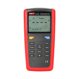UNI-T UT325 Dual-Input Thermocouple Thermometer – K/J/T/E/R/S/N, -200~1372°C, ±(0.2%+0.6), Data Logging, USB, High/Low Alarm - red and black case with a digital display showing T1 and T2, control buttons, and a backlight icon.